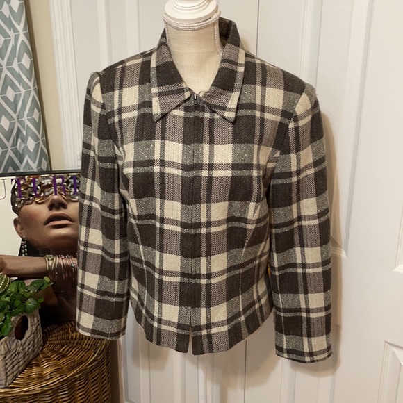 Gloria Vanderbilt Plaid Jacket/ Gray & Brown/ Zipper Closure/ Size 14 - Picture 2 of 9